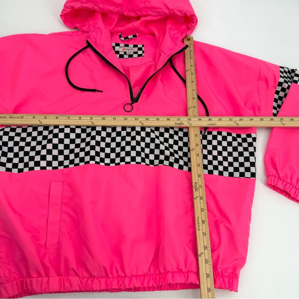 Orange Kiss Windbreaker Womens M Hot Pink Pullover Retro Checkerboard Hoodie Top - Picture 6 of 10